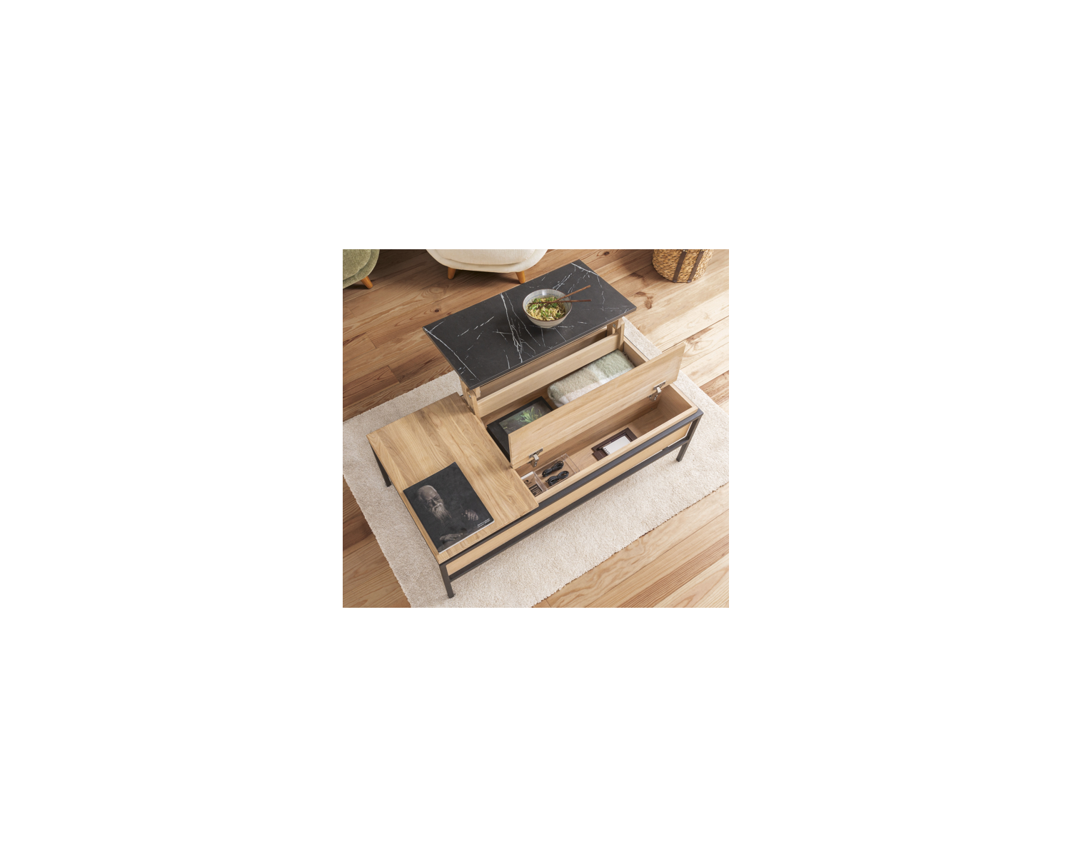 Table basse avec plateau multi-modulaire en chêne blanchi et décor design effet marbre "Storia"