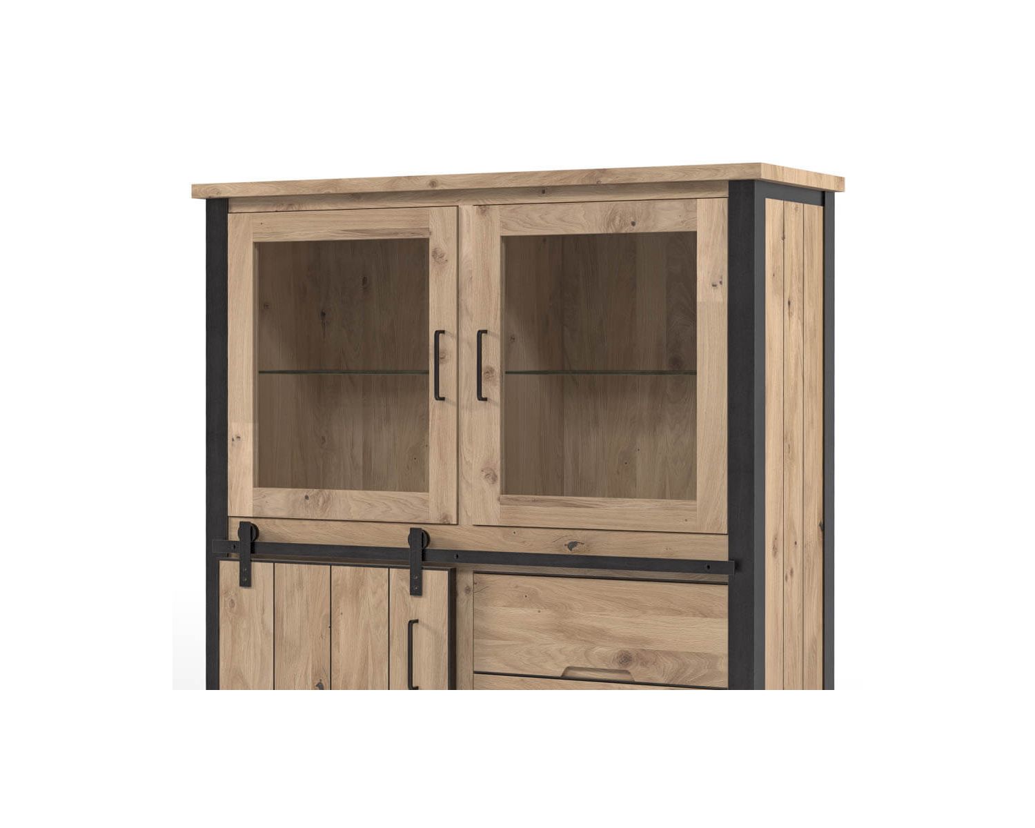 Vitrine basse style atelier 3 portes 3 tiroirs chêne et métal "Breeze"
