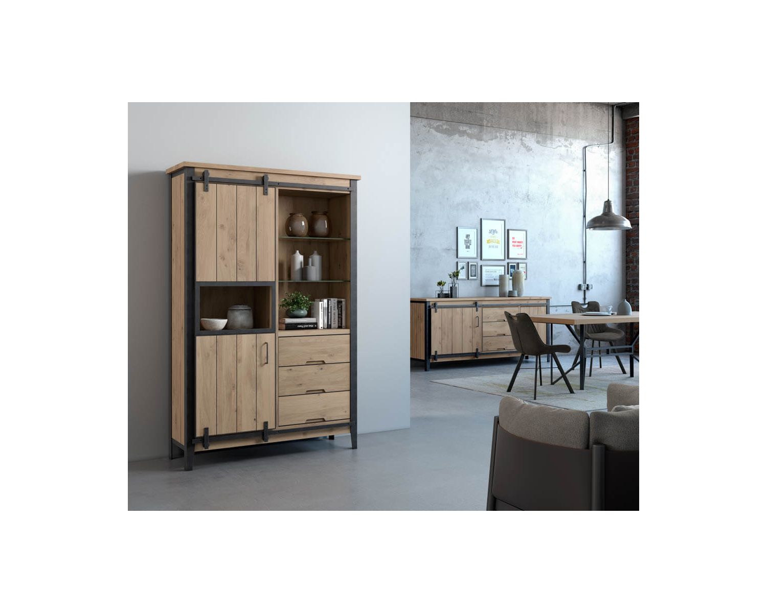 Meuble de rangement avec vitrine bois massif et métal foncé "Breeze"