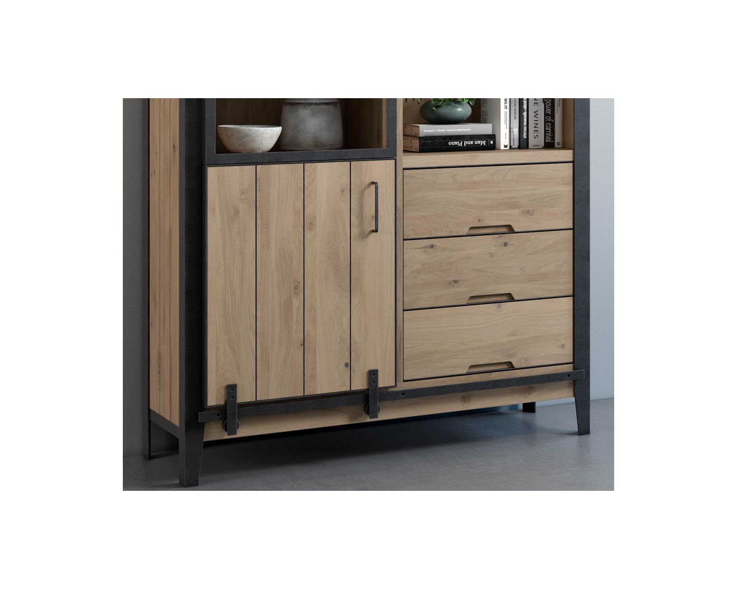 Meuble de rangement avec vitrine bois massif et métal foncé "Breeze"