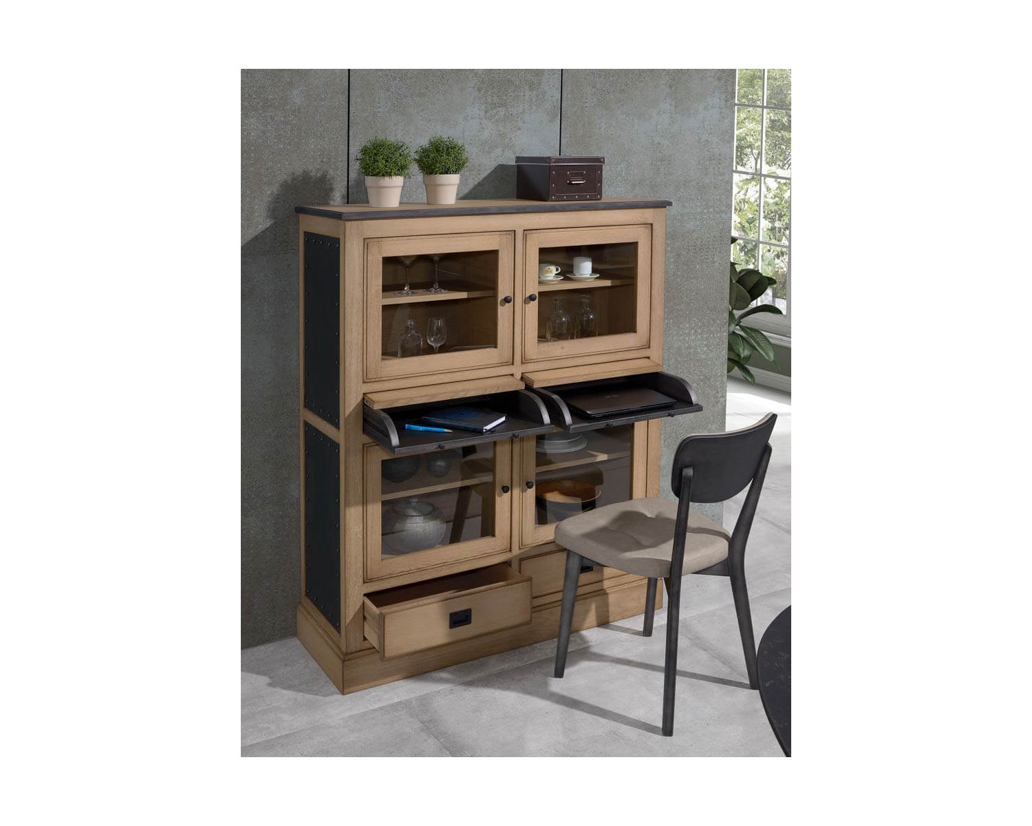 Vitrine 4 portes 2 bureaux coulissants "San Francisco" fer et bois