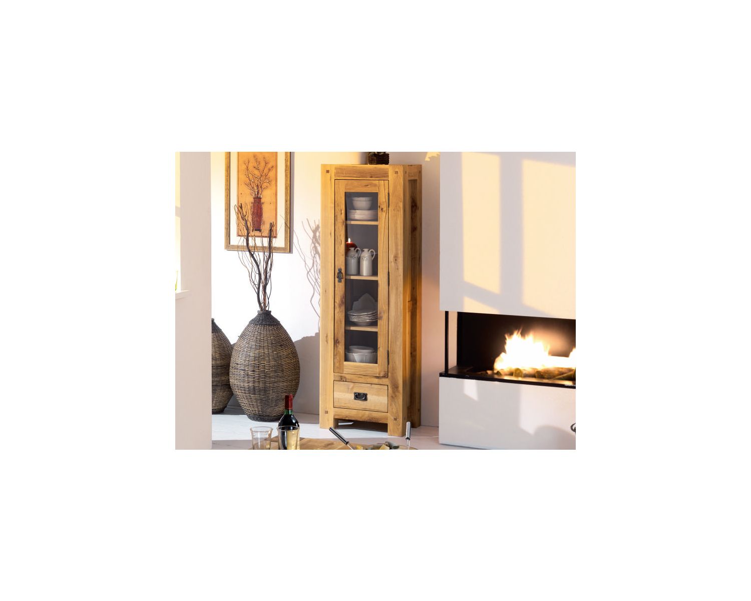 Vitrine en chêne massif huilé 1 porte 1 tiroir "Lodge Casita" 180 cm