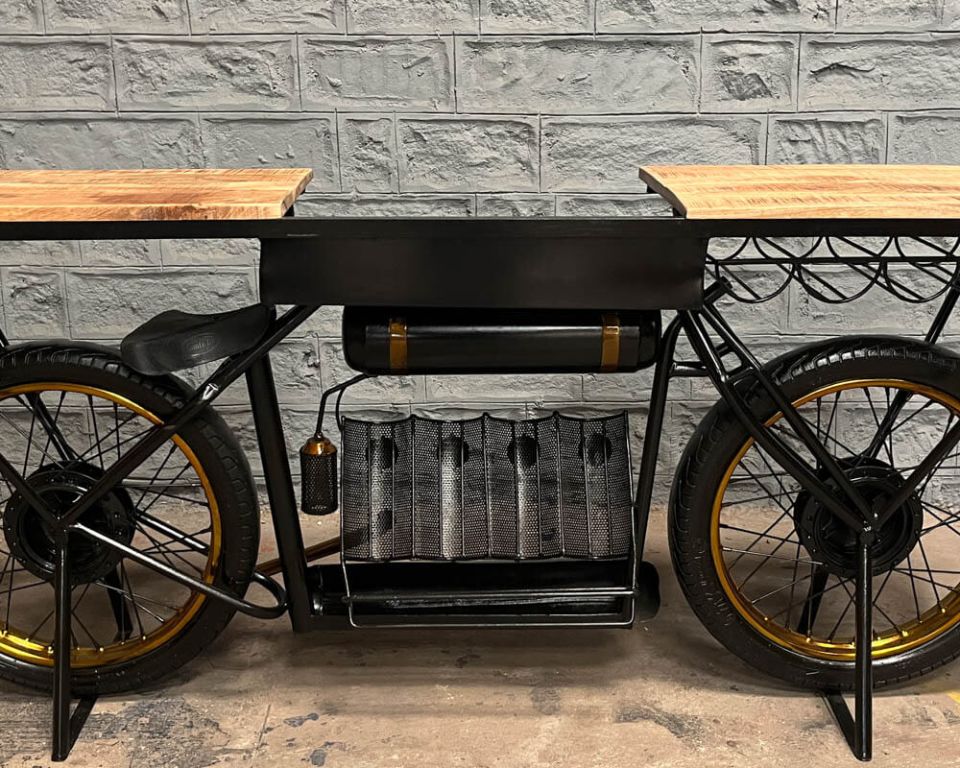 Meuble console moto vintage en bois et métal noir 