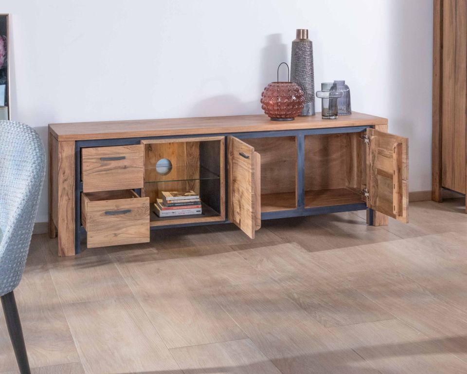 Meuble tv en acacia avec niche et étagère verre "Fantaisie" - 9676