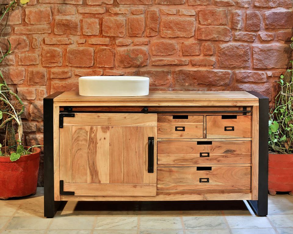 Meuble salle de bain en bois massif et pieds métal "Montréal" - 8677