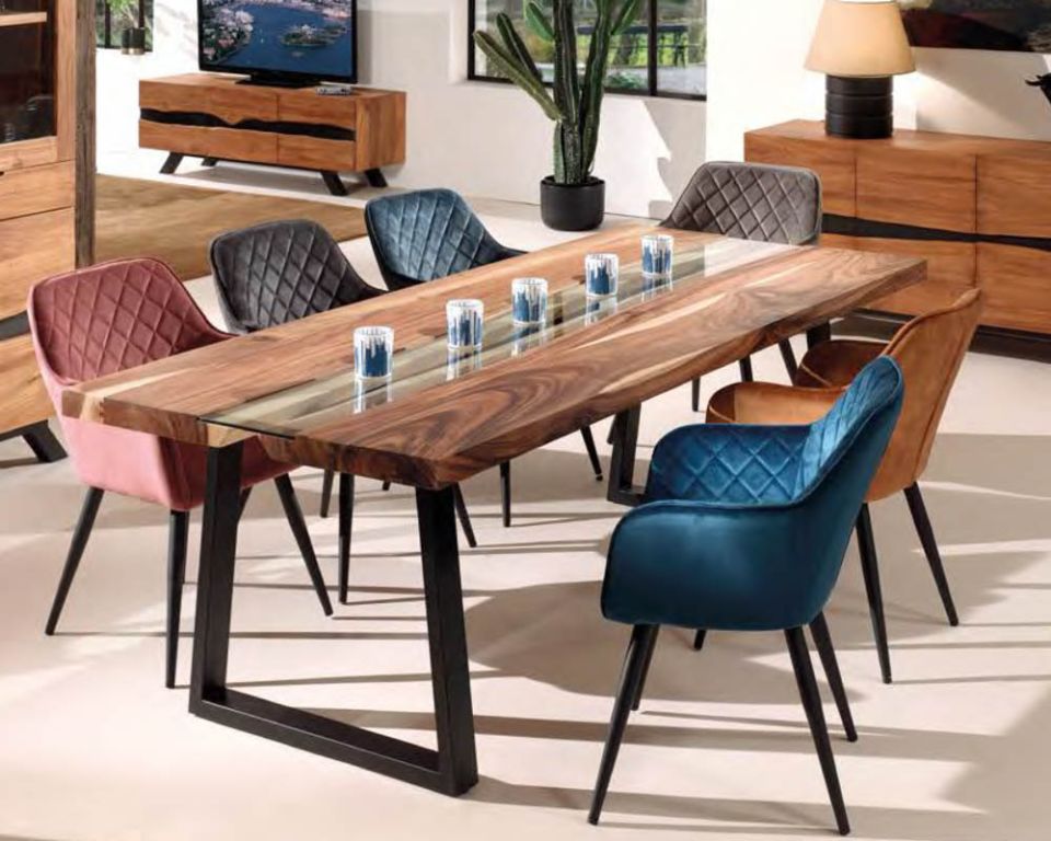 Table à manger moderne en bois de suar, verre et métal "Zenia"