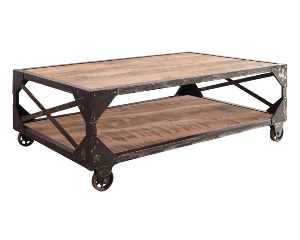 Table basse industrielle sur roulettes en bois et métal - 8828