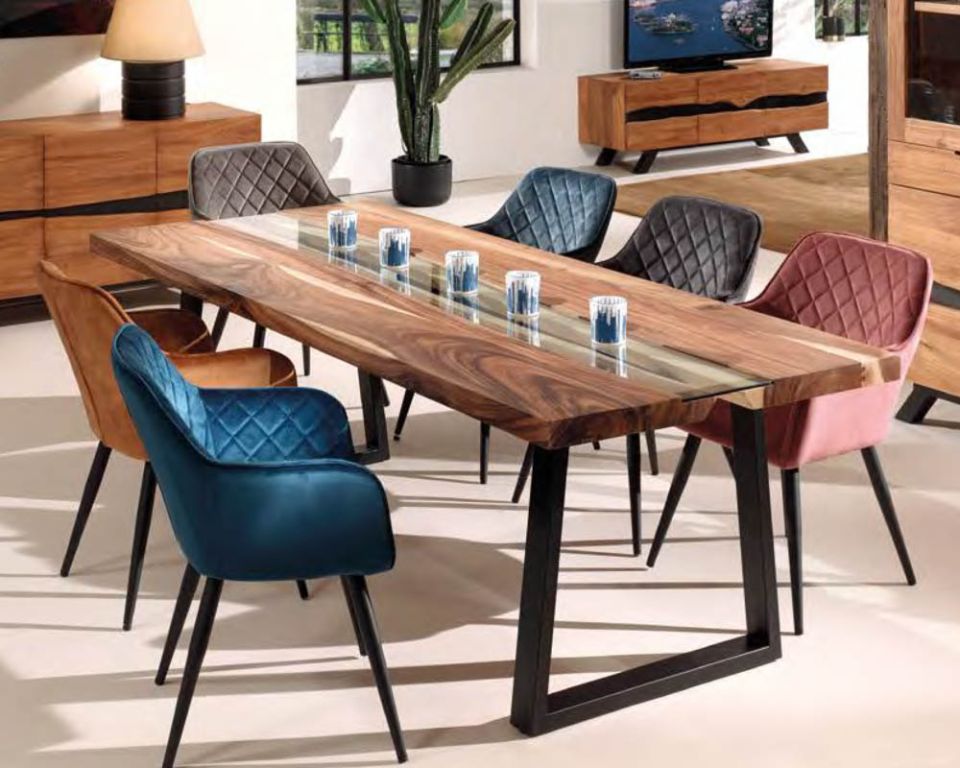 Grande table contemporaine en verre, métal et bois "Zenia" - 7706