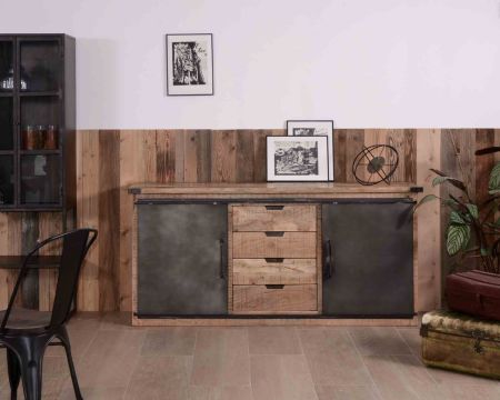 Bahut industriel portes coulissantes et tiroirs bois 180cm "Caractère"