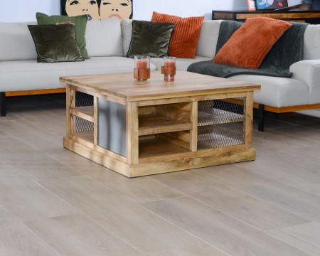 Table basse carrée avec rangements en métal et bois "Caractère"