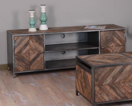 Grand meuble télé industriel métal bois recyclé 160cm "Wood"