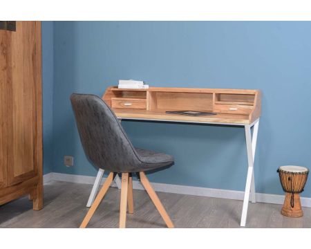 Bureau rétro en acacia massif et métal blanc "Zen White"