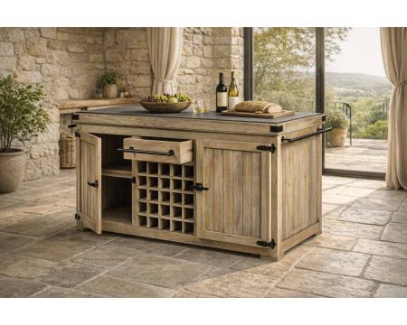 Grand billot de cuisine bois massif plateau pierre "Grand Chef" 165 cm