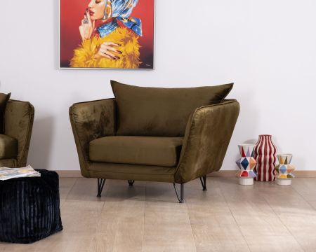 Fauteuil kaki tissu ultra doux design vintage "Hasting"