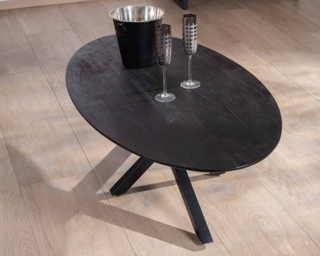 Table basse noire plateau ellipse en manguier massif sablé et pieds métal 3D "Pise"
