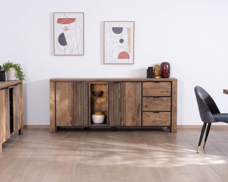 Buffet multi-rangements avec étagères en verre "Enoa" en palissandre et acacia 200 cm 