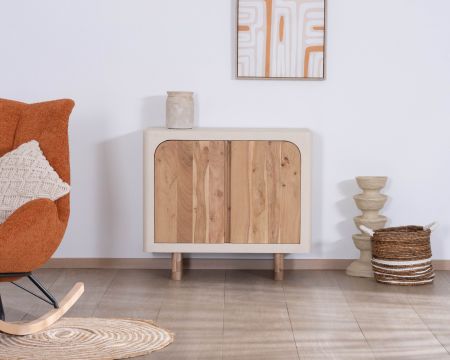 Petit rangement design en acacia naturel et finition aspect béton sablé "Miona"