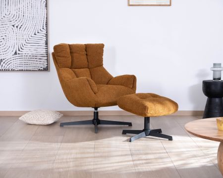 Fauteuil pivotant design avec repose-pieds "Calista" en tissu chenillé rouille esprit vintage