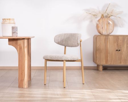 Lot de 2 chaises de repas esprit rétro en tissu beige tramé marron "Arpège" pieds métal aspect bois clair