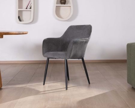 Chaise de repas contemporaine en tissu velours gris foncé "Scotty" avec accoudoirs et pieds métal noir