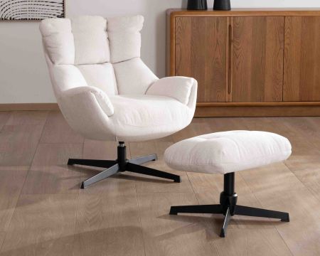 Fauteuil pivotant avec repose-pieds modulaire en tissu bouclette écru "Calista"