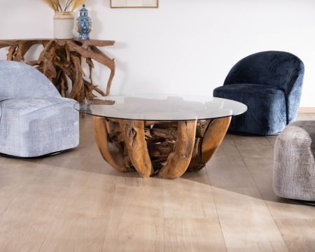 Table basse ronde en bois de teck flotté et plateau verre "Kanoa" 120 cm