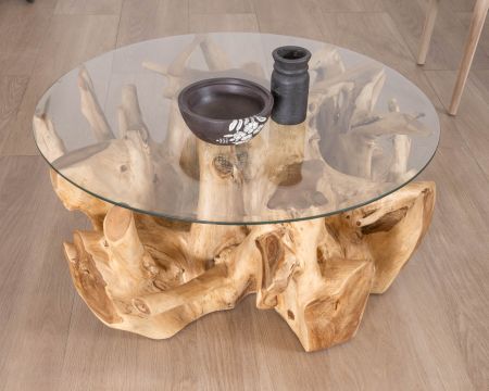 Table de salon ronde en racine de teck naturel avec plateau verre "Jungle"