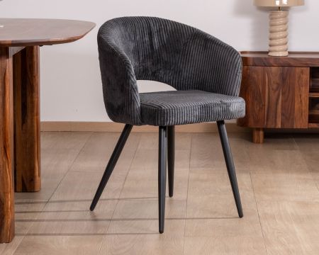 Lot de 2 chaises de repas en velours côtelé anthracite et pieds métal noir vintage "Sonate"