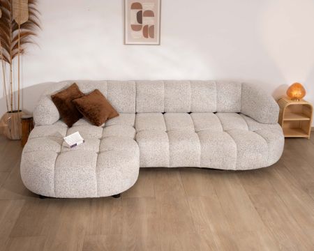 Canapé avec extension électrique et méridienne "Syltan" tissu tramé blanc cassé ultra confort