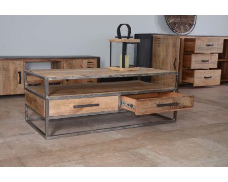 Table basse métal et bois avec tiroirs "New York"