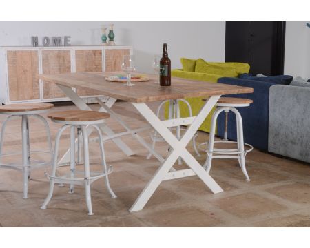 Table de repas métal et bois blanc "Atelier Blanc"