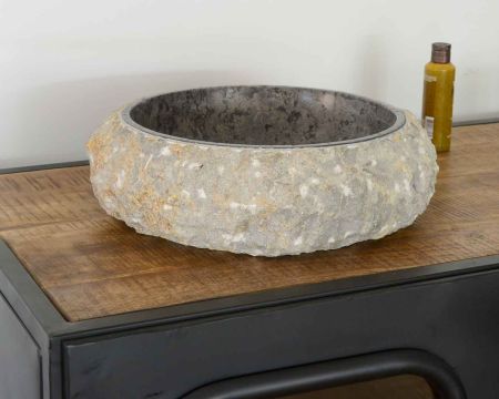 Vasque à poser en marbre poli et brut gris foncé "Stone"
