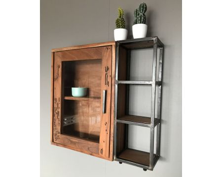 Meuble vitré et étagère style industriel en acacia et métal "Design"