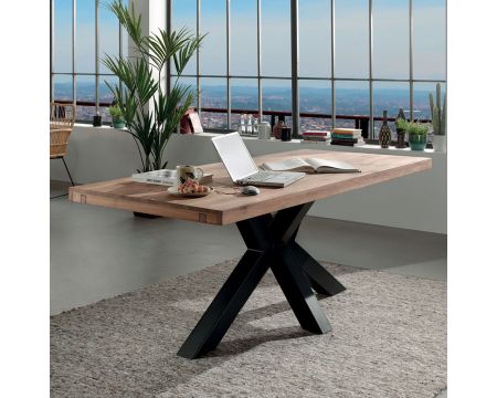 Table de repas 2m chêne massif pied central étoile noire "Smokey"