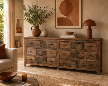 Commode basse apothicaire 195cm "Népalaise" en bois recyclé 6 tiroirs