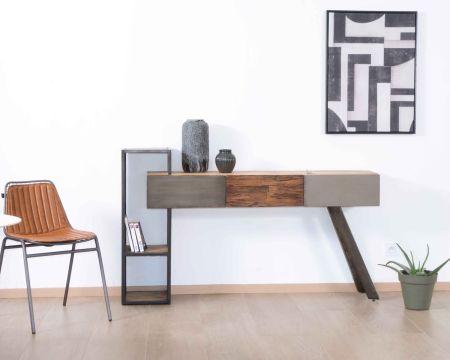 Console moderne design avec rangements bois métal et ciment "Mezzo"