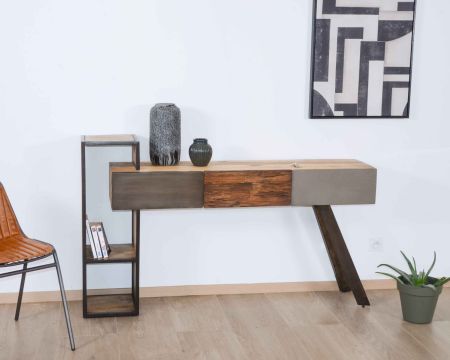 Console moderne design avec rangements bois métal et ciment "Mezzo"