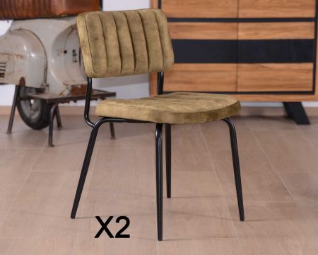 Lot de 2 chaises rétro tissu velours kaki et métal noir "Lia" Casita