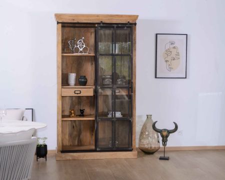 Bibliothèque style manufacture bois de manguier métal et verre "Haden"