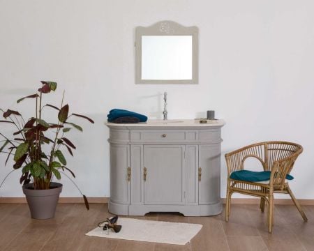 Meuble salle de bain quartz blanc et bois gris arrondi 1 vasque "Églantine"