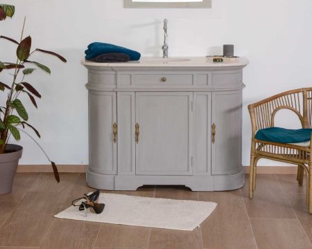 Meuble salle de bain quartz blanc et bois gris arrondi 1 vasque "Églantine"