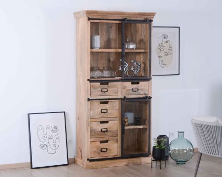Vaisselier bois et métal "Haden" avec portes vitrées coulissantes