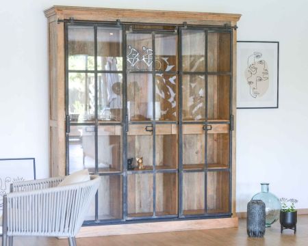 Grande bibliothèque bois et métal "Haden" portes coulissantes 180cm