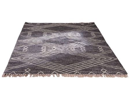 Grand tapis ethnique noir motifs brodés blancs "Foreign" 300x200cm