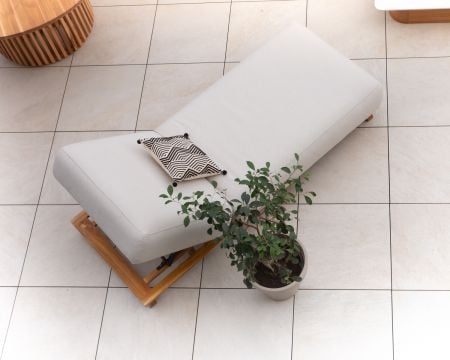 Chaise longue luxueuse teck et tissu écru sans surpiqure "Lombok"