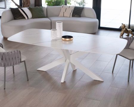 Table bateau blanche pieds 3D aluminium et plateau céramique 220 cm "Chinon"