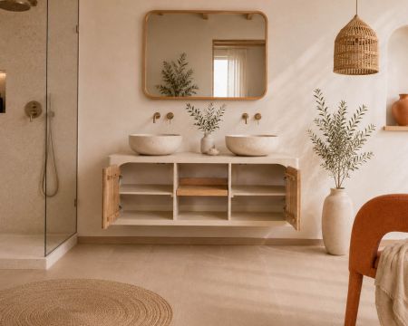 Meuble sous vasque 140 cm à suspendre "Miona" design organique aspect béton sablé