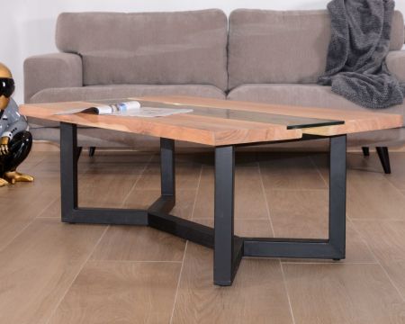 Table basse moderne bois naturel, verre et métal noir "Cassiopée"