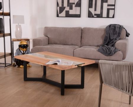 Table basse moderne bois naturel, verre et métal noir "Cassiopée"
