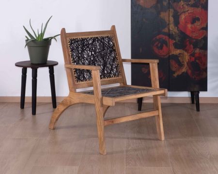 Fauteuil ethnique bas en bois de hêtre et cordages "Pop Vintage"